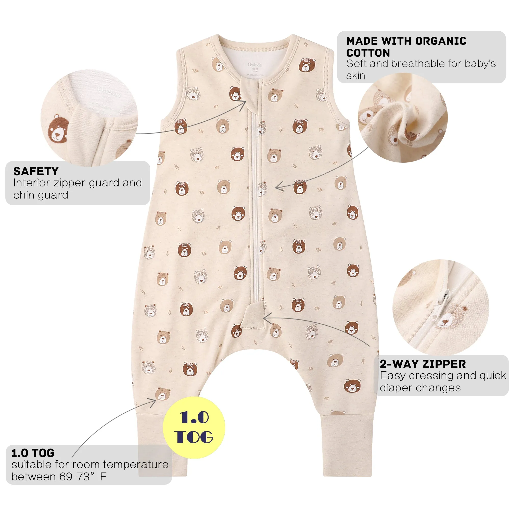 100% Organic Cotton 1.0 Tog Sleeping Bag with Legs Sleeveless Wearable Blanket- Mini Bears
