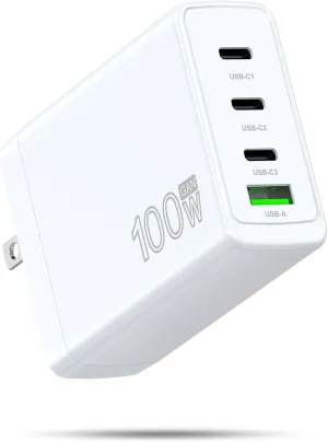 100W USB-C Fast Charger with 4 Ports Compatible with MacBook 2018, 2019, 2020, 2021,Air/Pro, S20/S21, HP, Samsung, Dell Laptops, Ipad Air/Pro, iPhone 12,13,14,15, ACER,