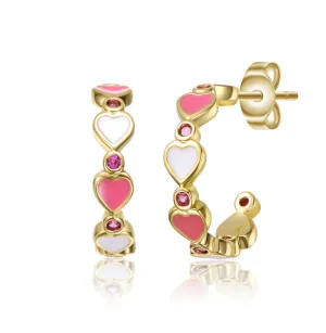 14k Gold Plated with Pink Cubic Zirconia Heart Hoop Earrings for Teens