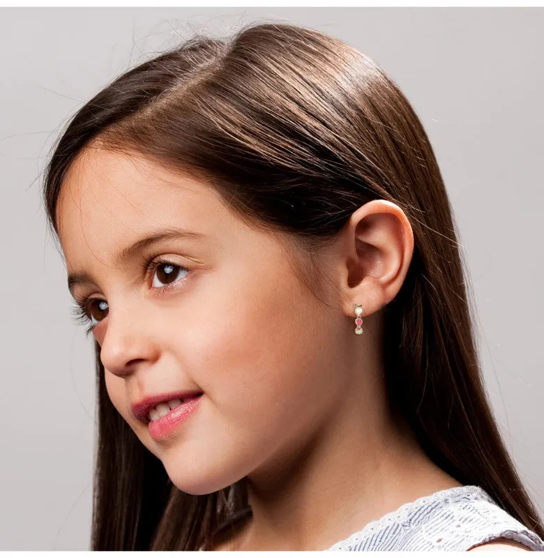 14k Gold Plated with Pink Cubic Zirconia Heart Hoop Earrings for Teens