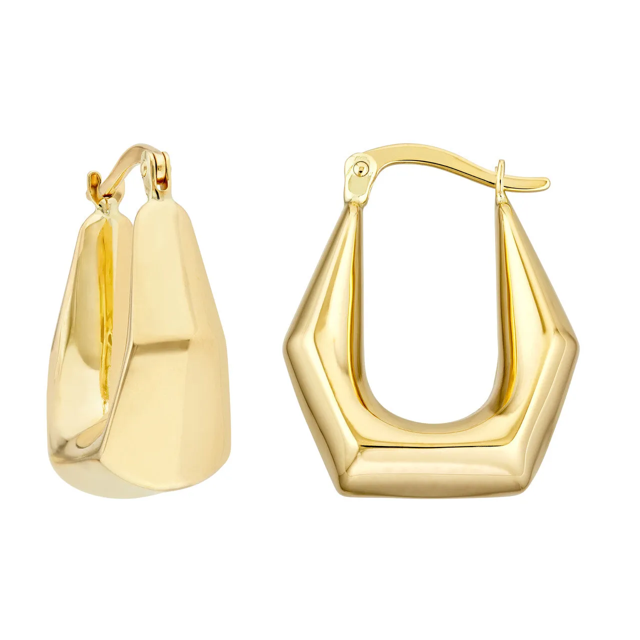 14k Yellow Gold Puffy Pentagon Shaped Geometric Design Hoop Earrings