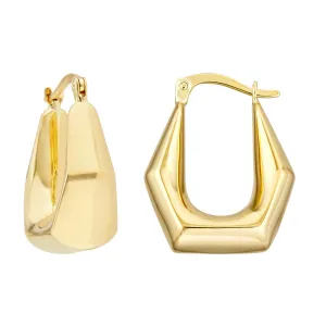 14k Yellow Gold Puffy Pentagon Shaped Geometric Design Hoop Earrings