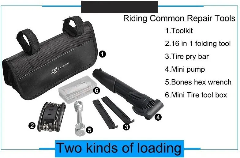 14pcs Bicycle Repair Tool Kit | Bag Strap to Frame | ROCKBROS Pump Hex Wrench Patch | for Bike Tyre Tools