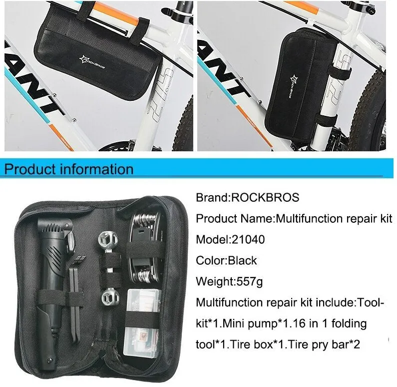14pcs Bicycle Repair Tool Kit | Bag Strap to Frame | ROCKBROS Pump Hex Wrench Patch | for Bike Tyre Tools