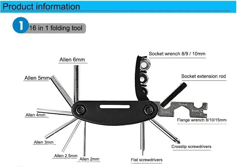 14pcs Bicycle Repair Tool Kit | Bag Strap to Frame | ROCKBROS Pump Hex Wrench Patch | for Bike Tyre Tools