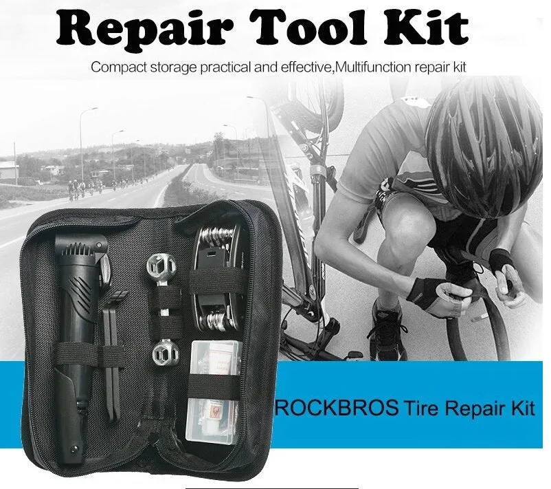 14pcs Bicycle Repair Tool Kit | Bag Strap to Frame | ROCKBROS Pump Hex Wrench Patch | for Bike Tyre Tools