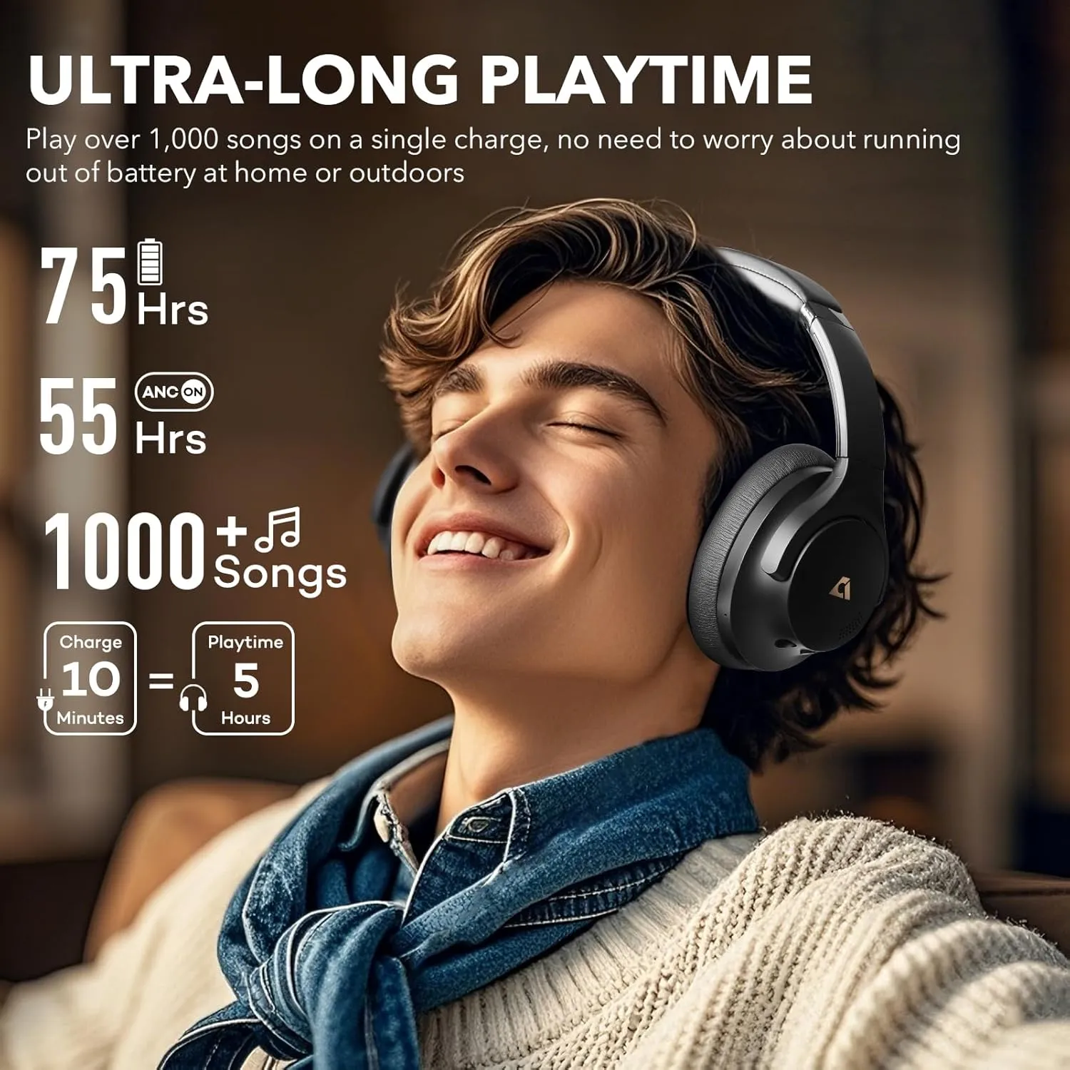 1Mii Y8 Noise Cancelling Headphones, Wireless LDAC Hi-Res Audio, 75H Battery Life, Comfortable, Over Ear Headphones Bluetooth 5.3 for Plane/Travel/Office - Black