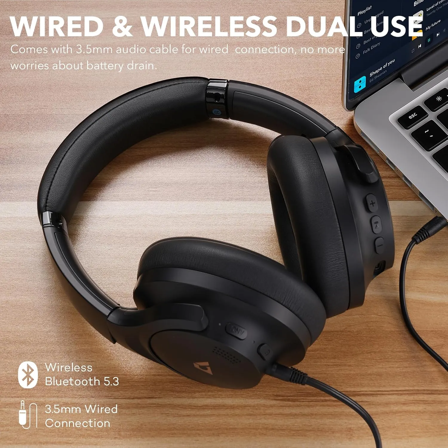 1Mii Y8 Noise Cancelling Headphones, Wireless LDAC Hi-Res Audio, 75H Battery Life, Comfortable, Over Ear Headphones Bluetooth 5.3 for Plane/Travel/Office - Black