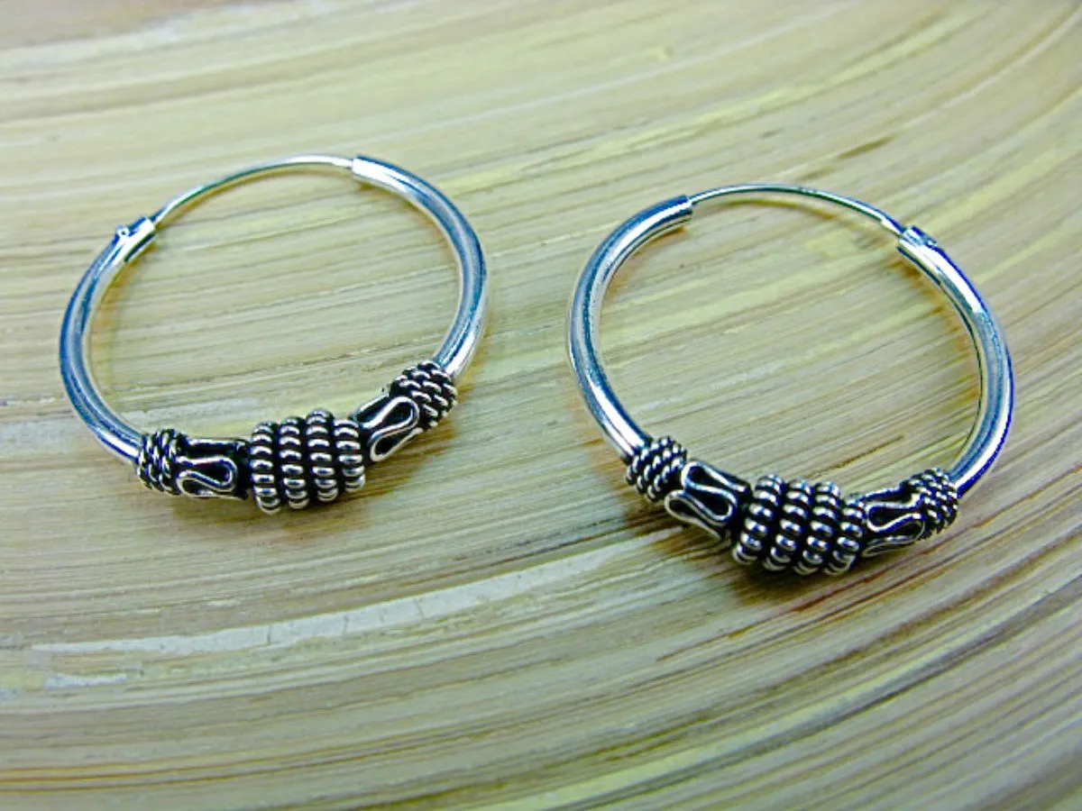25mm Round Balinese 925 Sterling Silver Oxidized Hoop Earrings