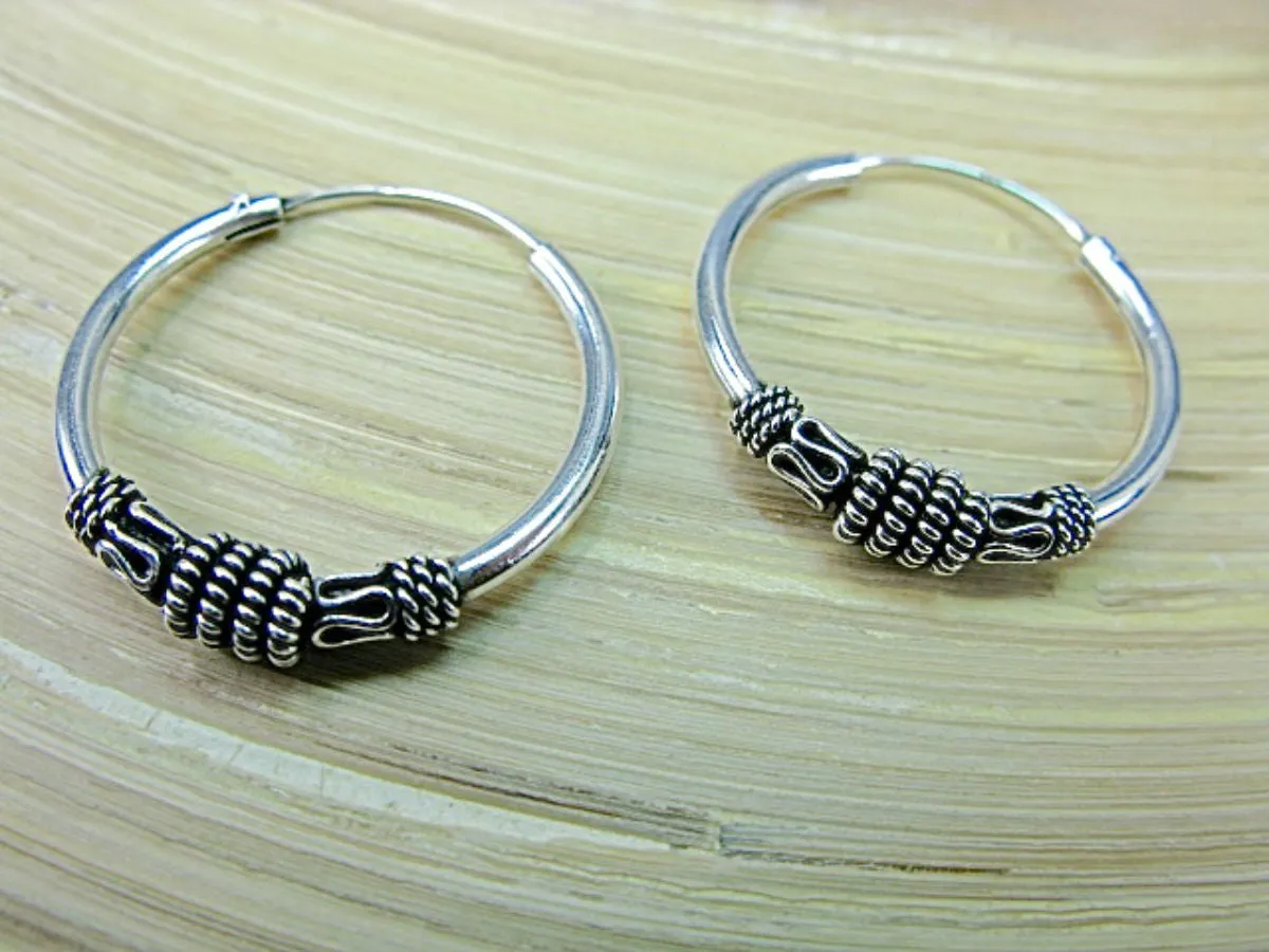 25mm Round Balinese 925 Sterling Silver Oxidized Hoop Earrings