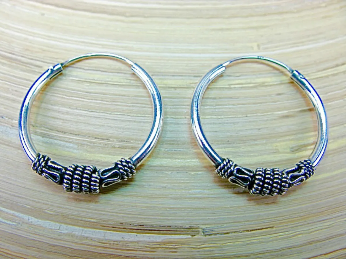 25mm Round Balinese 925 Sterling Silver Oxidized Hoop Earrings