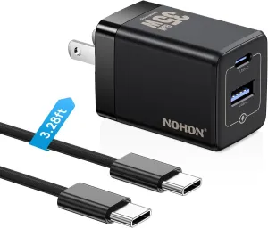 35W USB-C Wall Charger Block: NOHON GaN PD 3.0 Fast Charging Block, Foldable Compact Power Adapter with 3ft USB C to C Cable for iPhone 15/14/Pro Max/Plus/13/12 (Black)