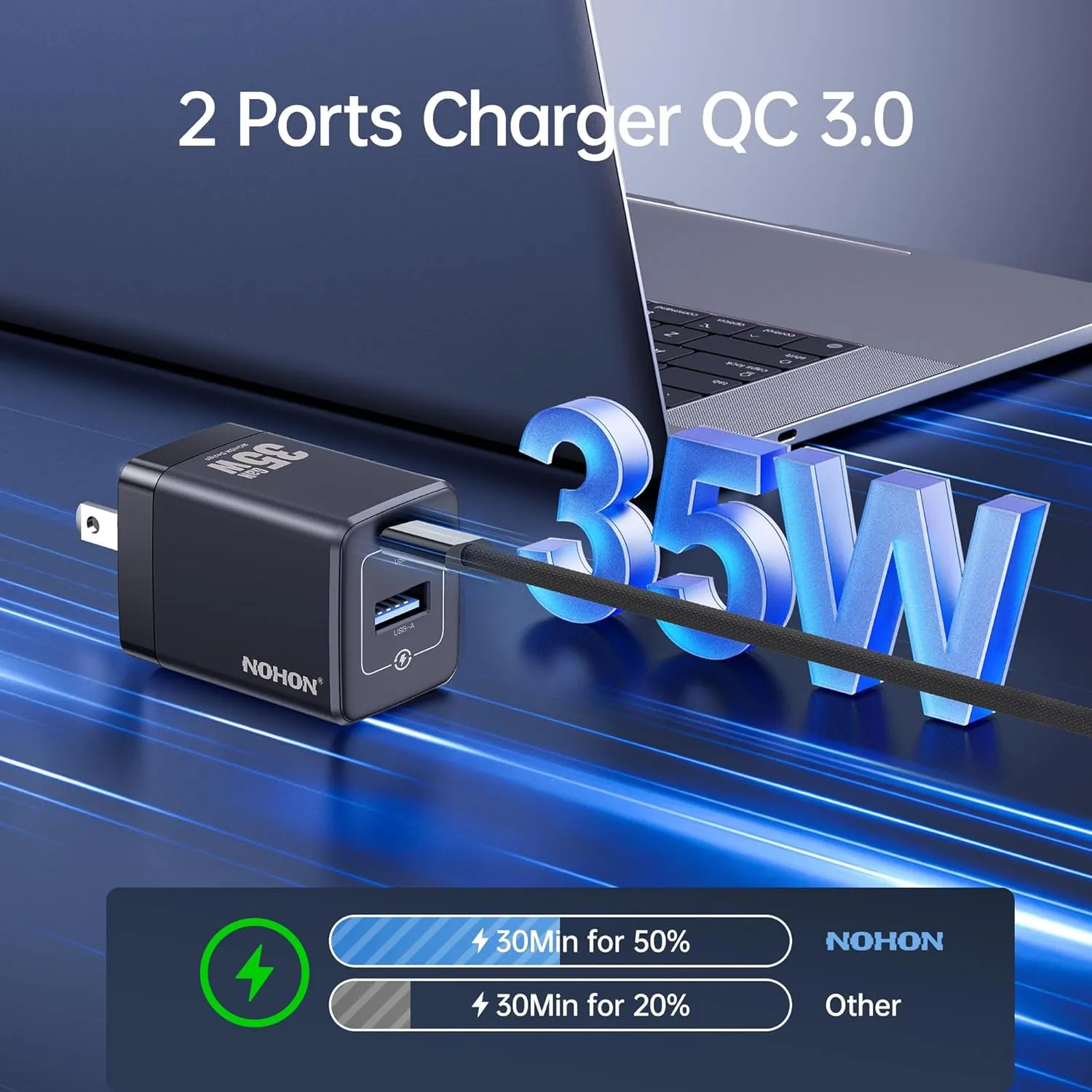 35W USB-C Wall Charger Block: NOHON GaN PD 3.0 Fast Charging Block, Foldable Compact Power Adapter with 3ft USB C to C Cable for iPhone 15/14/Pro Max/Plus/13/12 (Black)