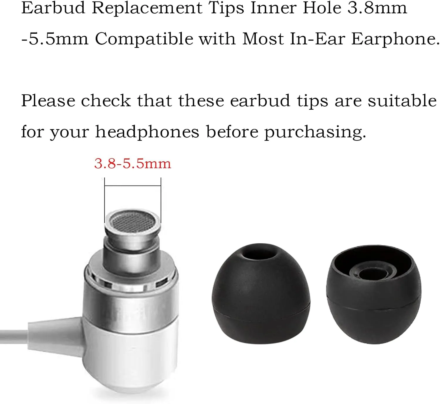 36 Pcs Earbud Tips Ear Buds Replacement Tip Ear Bud Covers Silicone Earbud Replacement Tips Ear Tips Earbud Tip for in-Ear Headphones Inner Hole 3.8mm -5.5mmBlack Color, SML, small