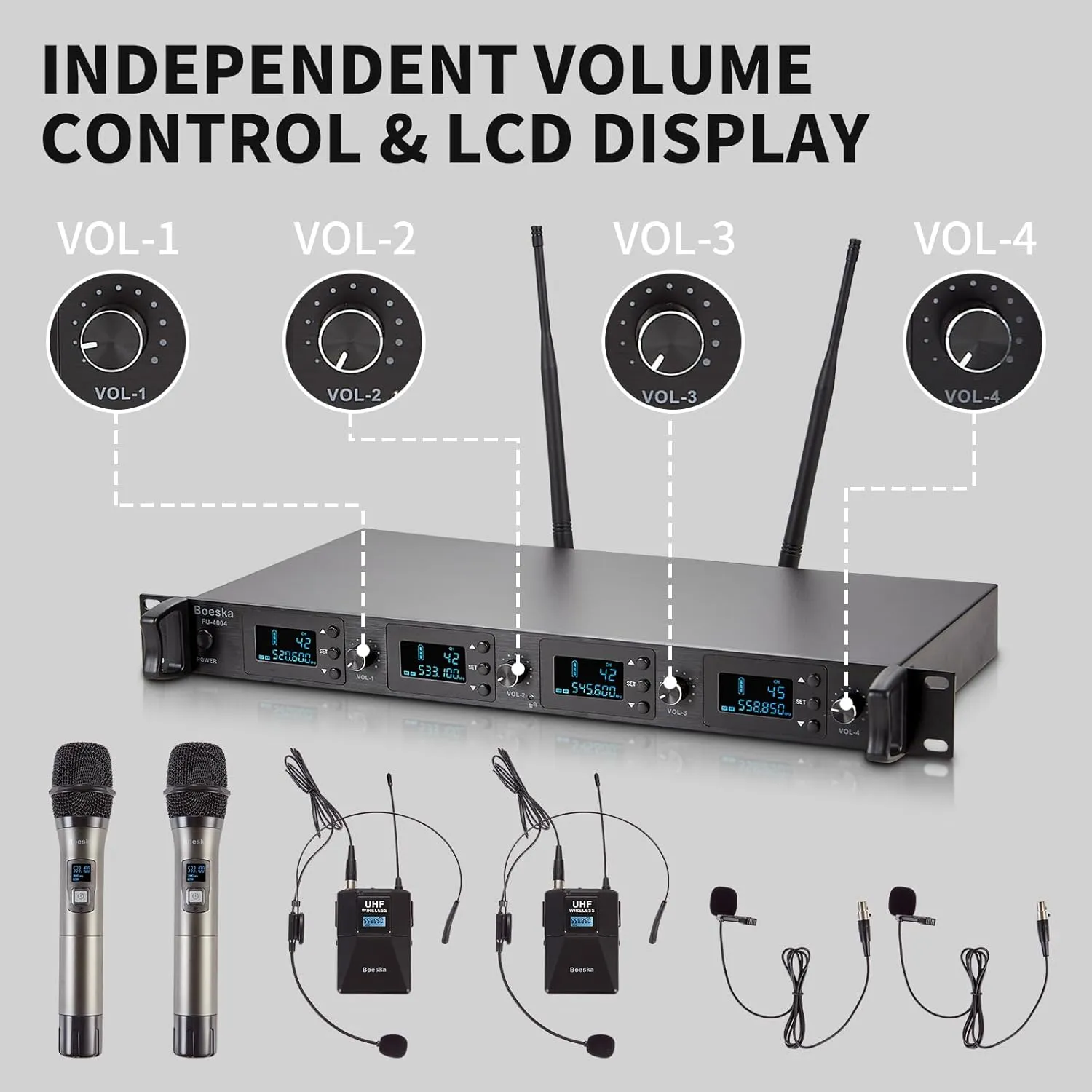 4 Channel Wireless Microphone System UHF 2 Cordless Handheld Mics and 2 Lavalier Headset Mics for Karaoke Church Speaking Conference Meeting Party, 4x25 Adjustable Frequency (2 Handheld   2 Bodypack)