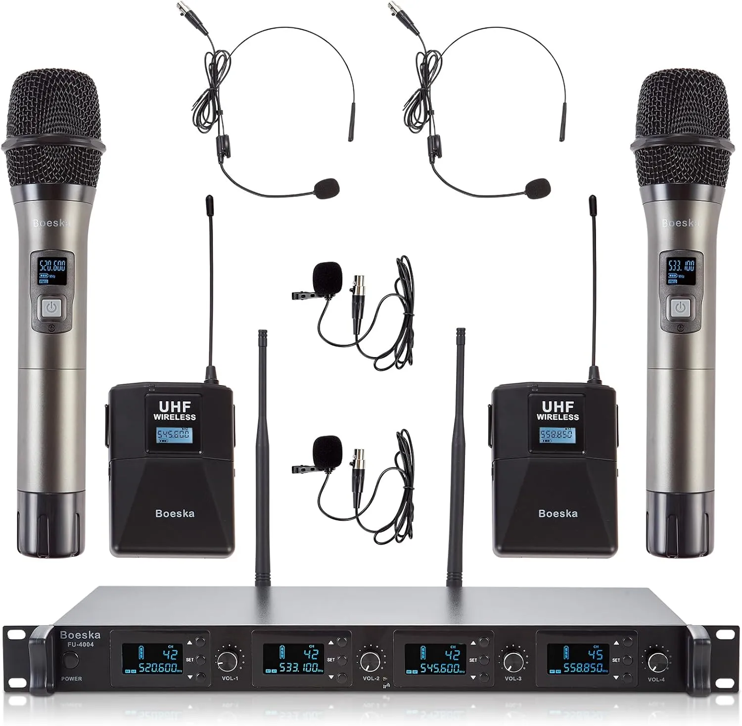 4 Channel Wireless Microphone System UHF 2 Cordless Handheld Mics and 2 Lavalier Headset Mics for Karaoke Church Speaking Conference Meeting Party, 4x25 Adjustable Frequency (2 Handheld   2 Bodypack)