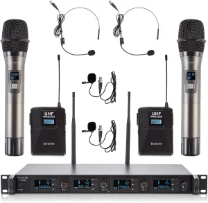 4 Channel Wireless Microphone System UHF 2 Cordless Handheld Mics and 2 Lavalier Headset Mics for Karaoke Church Speaking Conference Meeting Party, 4x25 Adjustable Frequency (2 Handheld   2 Bodypack)