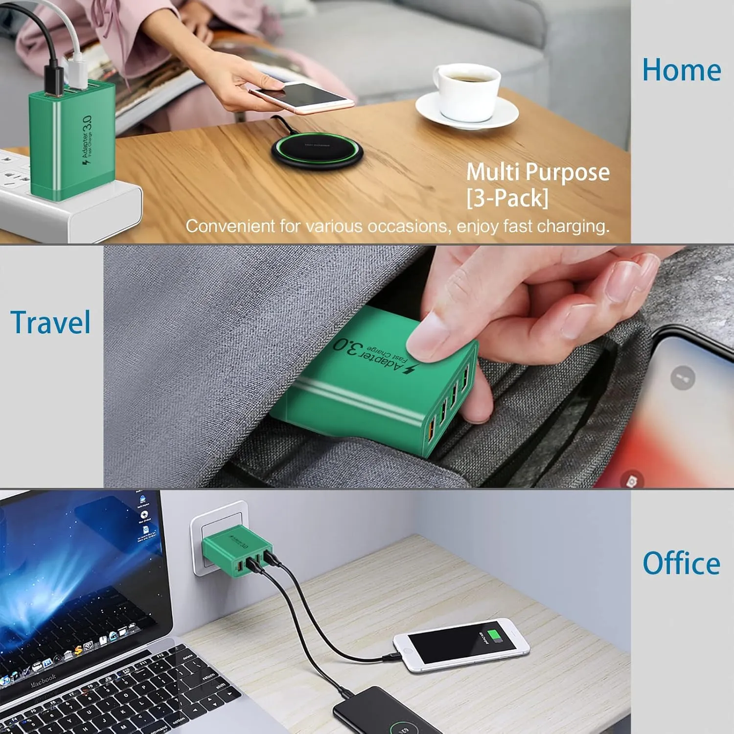 4-Port Charging Block 3-Pack Fast 3.0 USB Wall Charger Plug with Fast Charger Block Compatible for iPhone14/13/Pro Max,Pad Samsung S22 S21 S9,Google Pixel 7 Tablet,Green