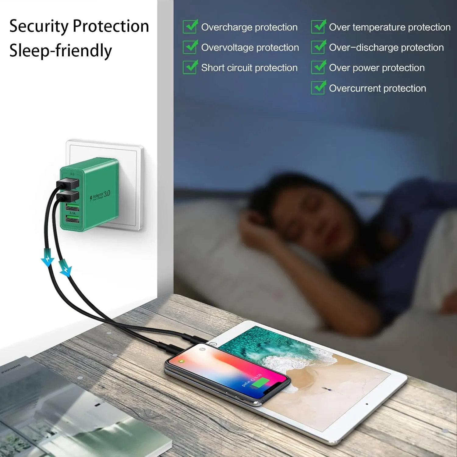 4-Port Charging Block 3-Pack Fast 3.0 USB Wall Charger Plug with Fast Charger Block Compatible for iPhone14/13/Pro Max,Pad Samsung S22 S21 S9,Google Pixel 7 Tablet,Green