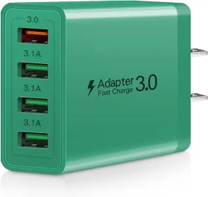 4-Port Charging Block 3-Pack Fast 3.0 USB Wall Charger Plug with Fast Charger Block Compatible for iPhone14/13/Pro Max,Pad Samsung S22 S21 S9,Google Pixel 7 Tablet,Green