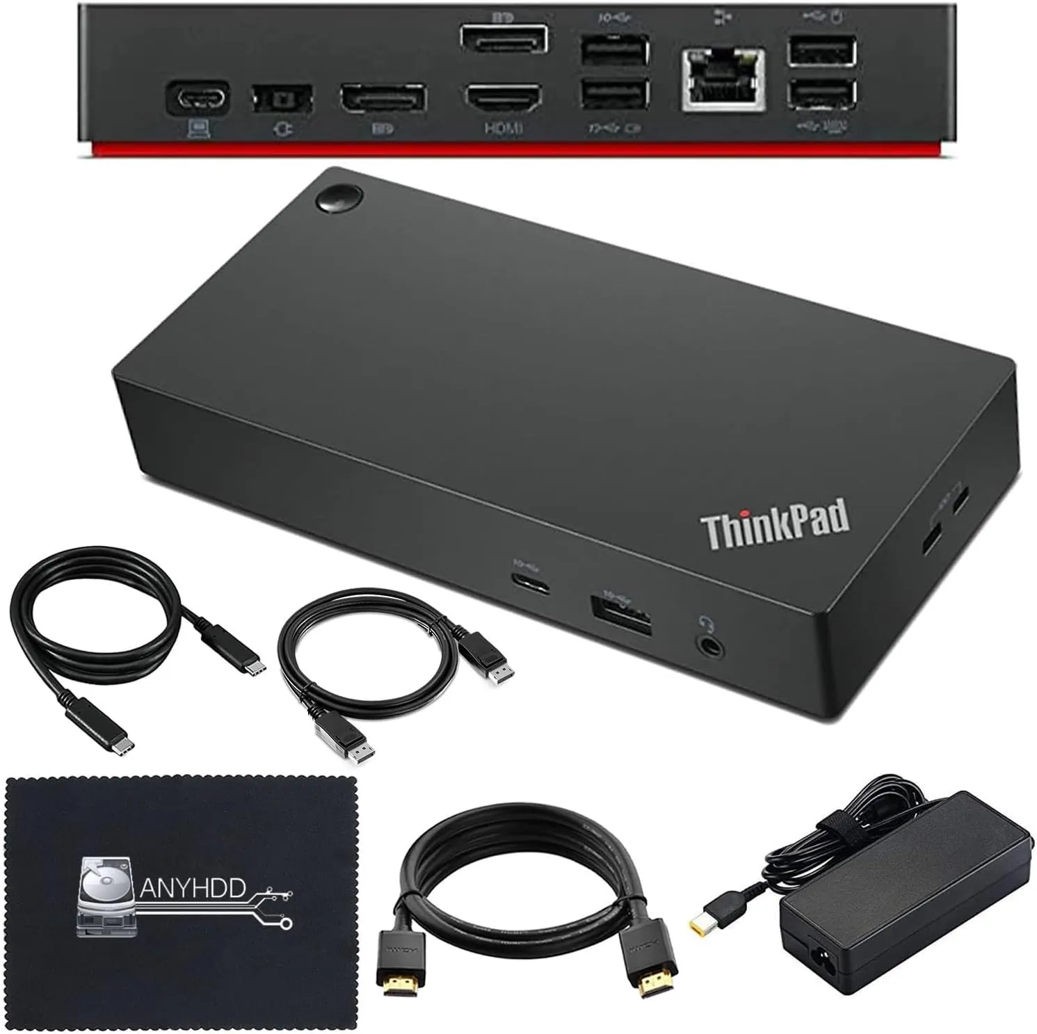 40AY0090US Lenovo Thinkpad Docking Station Dual Monitor Bundle - Lenovo Docking Station USB C, Thinkpad Dock with AC Adapter   HDMI Cable   DisplayPort Cable   USB C Cable   Microfiber Cloth