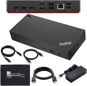 40AY0090US Lenovo Thinkpad Docking Station Dual Monitor Bundle - Lenovo Docking Station USB C, Thinkpad Dock with AC Adapter   HDMI Cable   DisplayPort Cable   USB C Cable   Microfiber Cloth