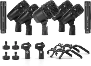7 Piece Metal Wired Dynamic Drum Mic Kit Kick bass, Tom/Snare Drum and cymbal mics for Performing and Recording Drummers - Comes with, Stand, Thread clamp, etcG-7