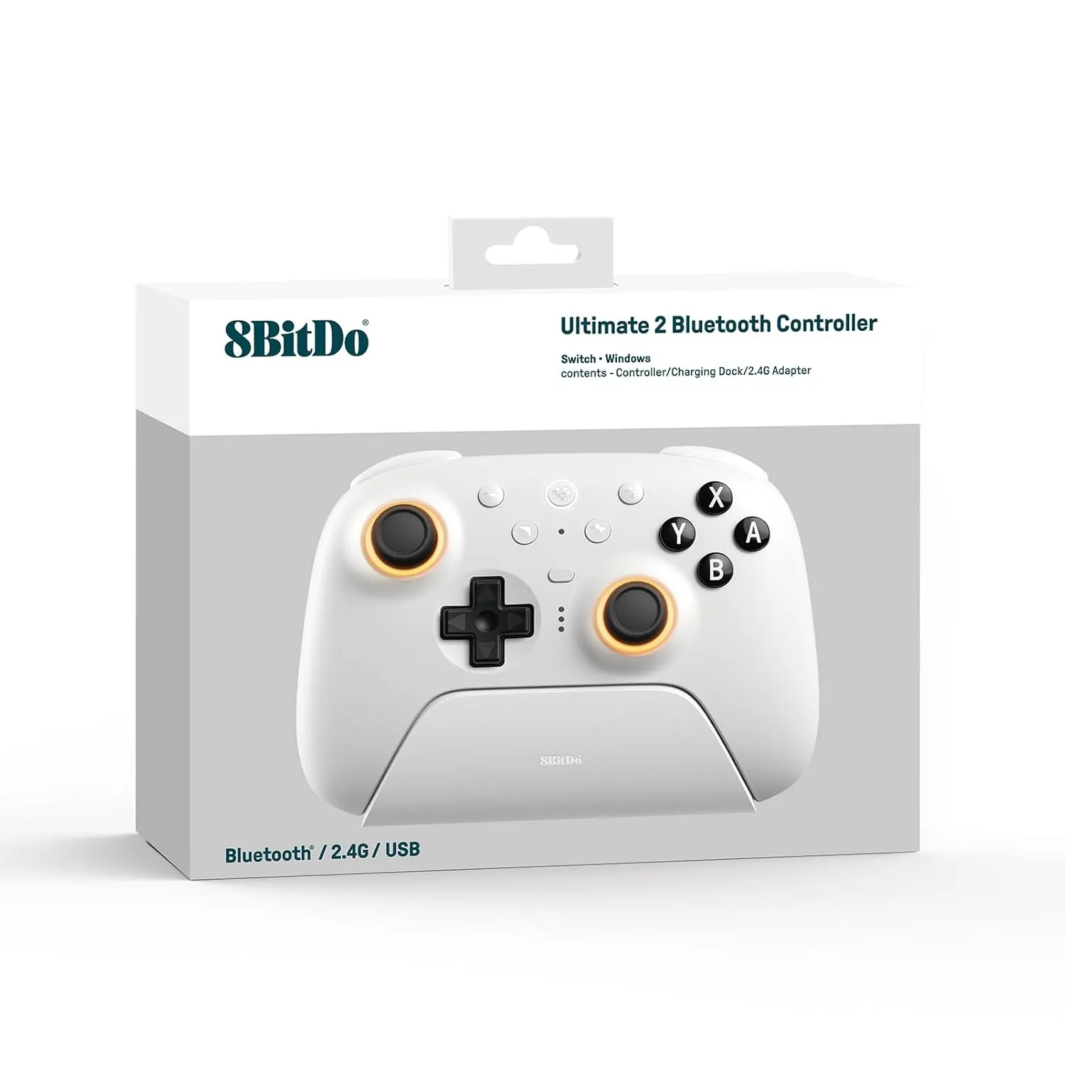 8BitDo Ultimate 2 Bluetooth Controller with TMR Joysticks for Switch, Windows PC, Gaming Controller with Switchable Hall Effect/Tactile Triggers, RGB Fire Ring, Charging Dock,Vibration and Motion control, White