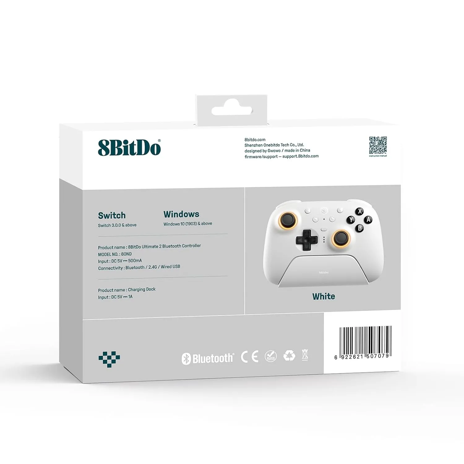 8BitDo Ultimate 2 Bluetooth Controller with TMR Joysticks for Switch, Windows PC, Gaming Controller with Switchable Hall Effect/Tactile Triggers, RGB Fire Ring, Charging Dock,Vibration and Motion control, White