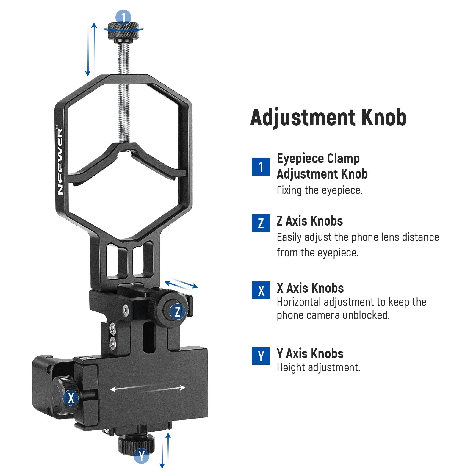 Adjustable 3 Axis Telescope Phone Mount for Spotting Scopes Anti Shake Metal Holder for Binoculars and Monoculars