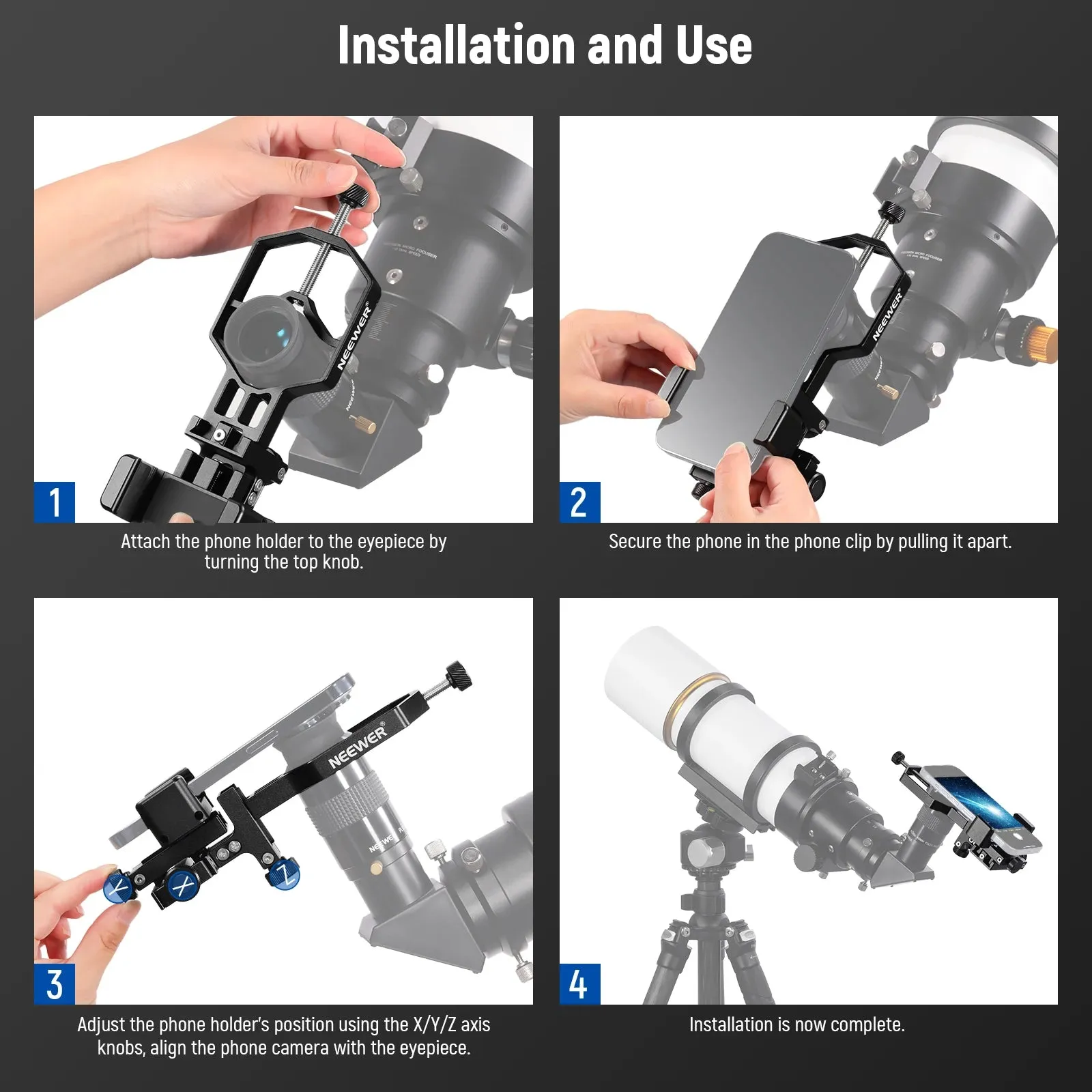 Adjustable 3 Axis Telescope Phone Mount for Spotting Scopes Anti Shake Metal Holder for Binoculars and Monoculars