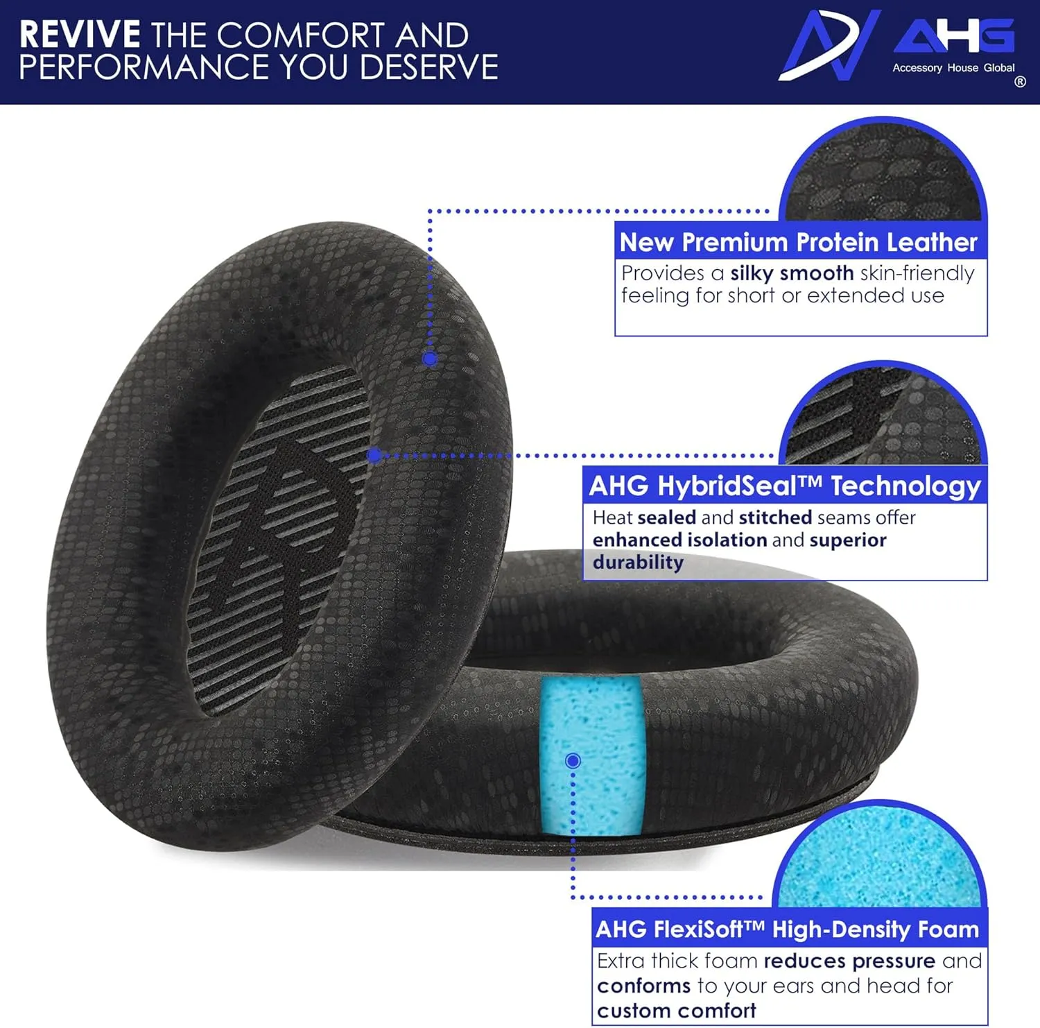 AHG Replacement Ear Pads for Bose QuietComfort 35 / QC35 / QC35 ii Headphones - Mosaic. Premium Protein Leather | Thick FlexiSoft Foam | Great Comfort