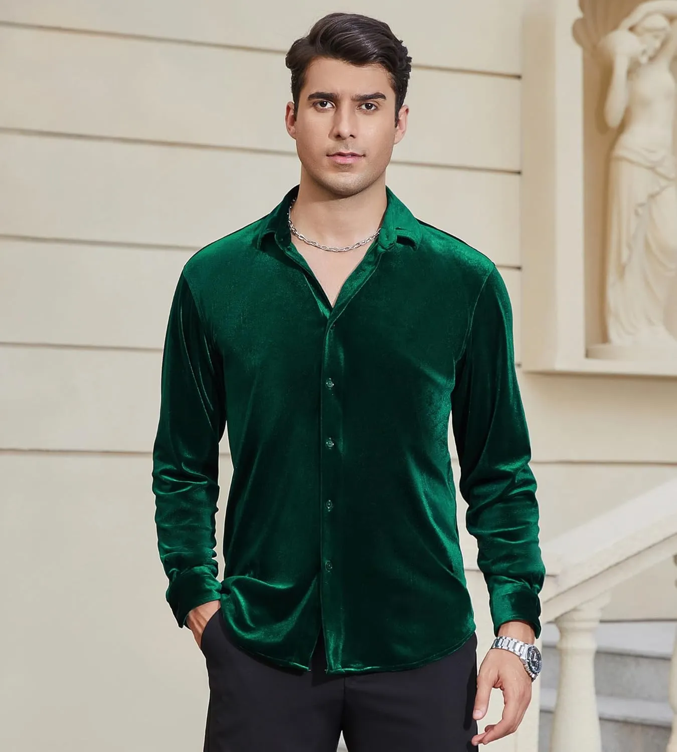 Alex Vando Mens Velvet Shirts Regular Fit Long Sleeve Soft Stretch Casual Button Down Shirt
