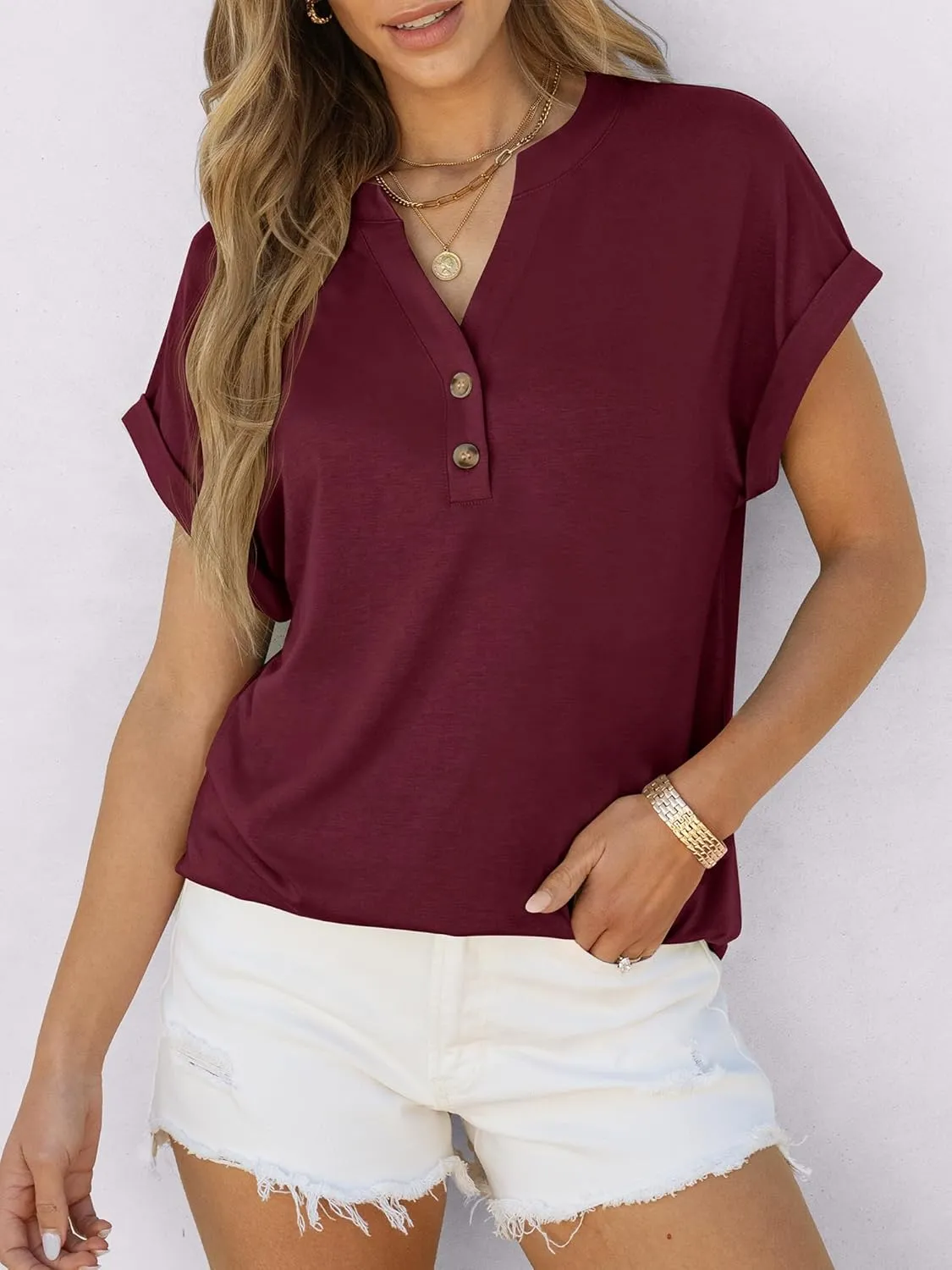ANRABESS Womens Short Sleeve Henley Tops V Neck Dressy Casual Loose Fit Shirts Summer Flowy Blouses 2025 Trendy Clothes