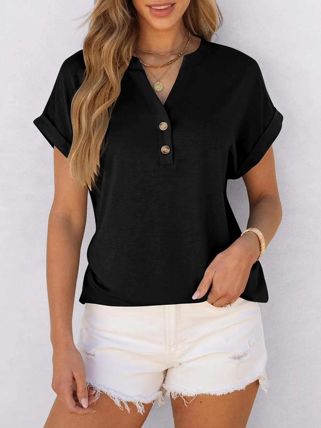 ANRABESS Womens Short Sleeve Henley Tops V Neck Dressy Casual Loose Fit Shirts Summer Flowy Blouses 2025 Trendy Clothes