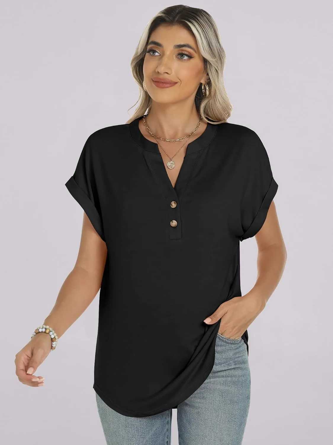 ANRABESS Womens Short Sleeve Henley Tops V Neck Dressy Casual Loose Fit Shirts Summer Flowy Blouses 2025 Trendy Clothes