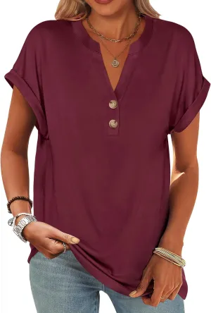 ANRABESS Womens Short Sleeve Henley Tops V Neck Dressy Casual Loose Fit Shirts Summer Flowy Blouses 2025 Trendy Clothes