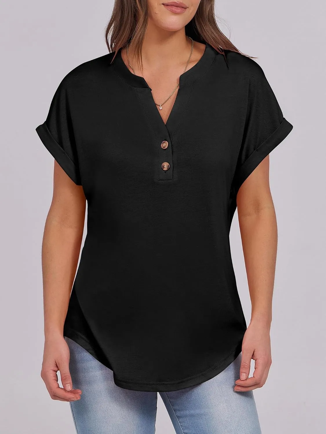 ANRABESS Womens Short Sleeve Henley Tops V Neck Dressy Casual Loose Fit Shirts Summer Flowy Blouses 2025 Trendy Clothes