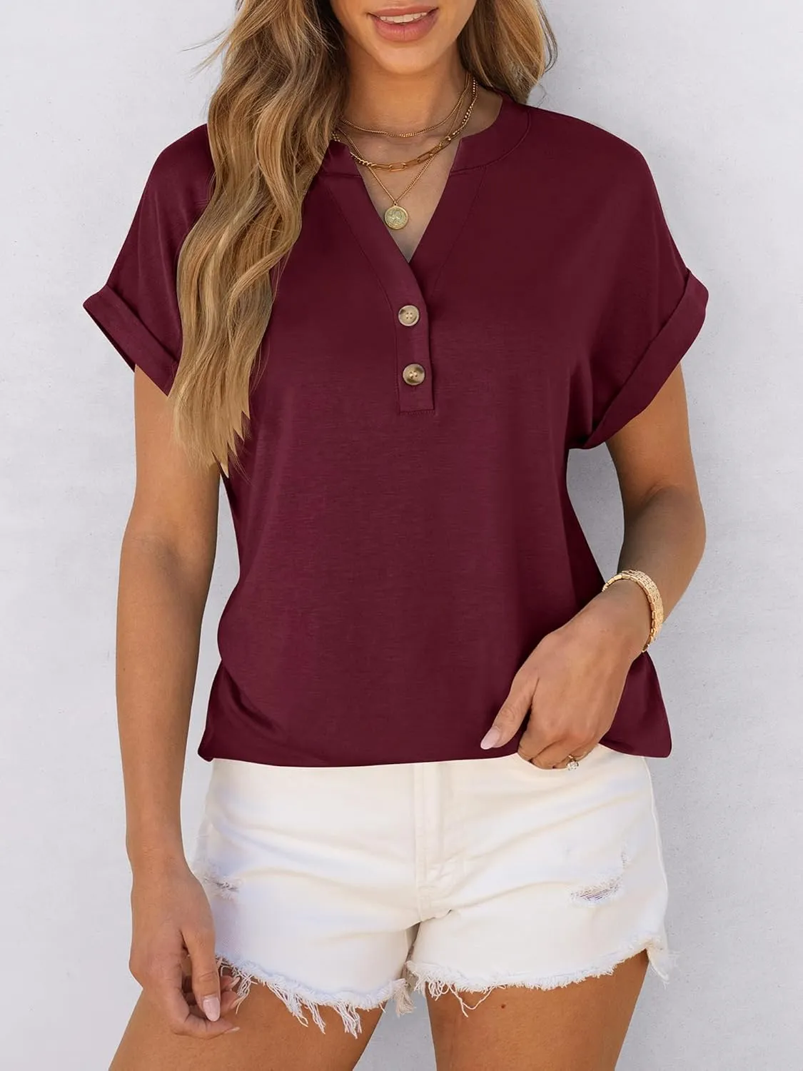 ANRABESS Womens Short Sleeve Henley Tops V Neck Dressy Casual Loose Fit Shirts Summer Flowy Blouses 2025 Trendy Clothes
