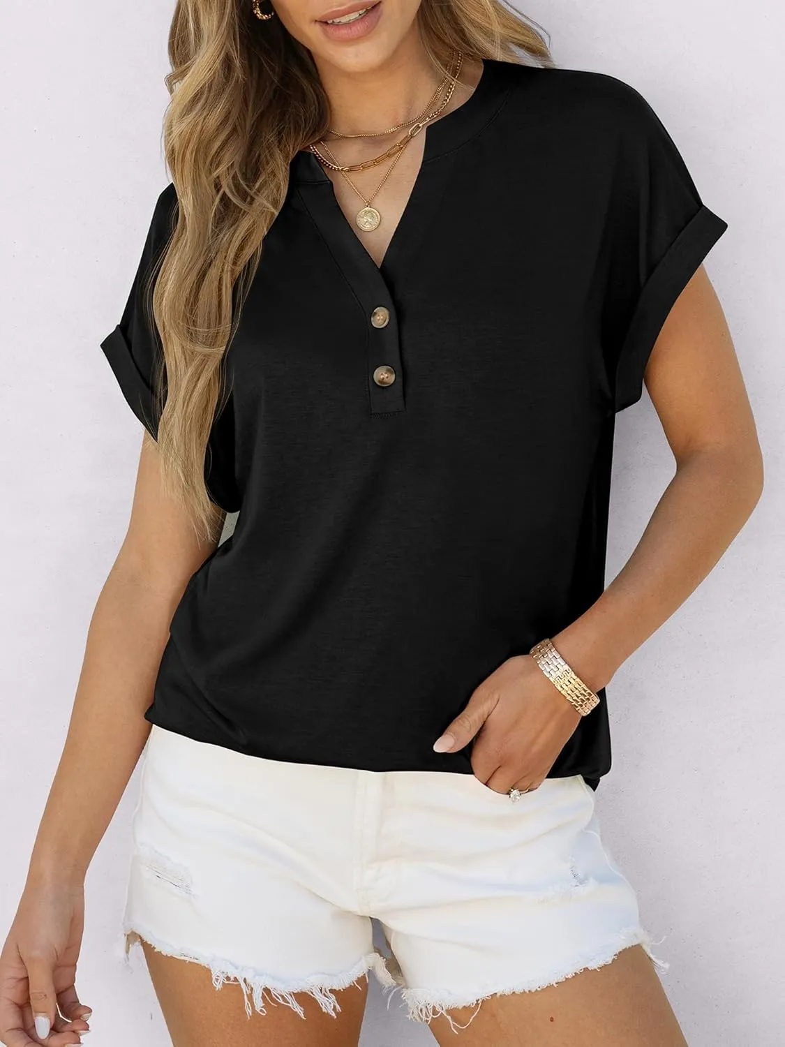 ANRABESS Womens Short Sleeve Henley Tops V Neck Dressy Casual Loose Fit Shirts Summer Flowy Blouses 2025 Trendy Clothes