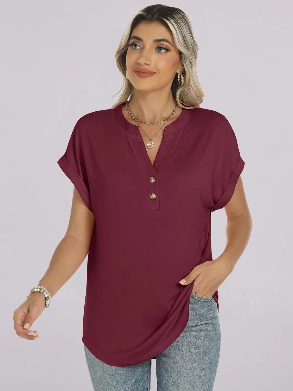 ANRABESS Womens Short Sleeve Henley Tops V Neck Dressy Casual Loose Fit Shirts Summer Flowy Blouses 2025 Trendy Clothes
