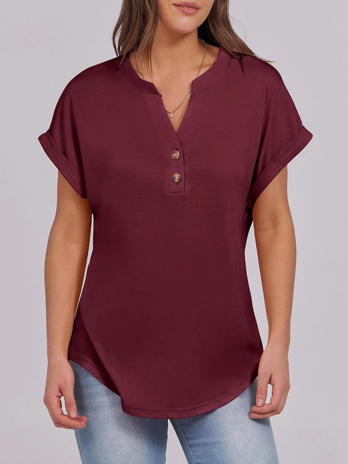 ANRABESS Womens Short Sleeve Henley Tops V Neck Dressy Casual Loose Fit Shirts Summer Flowy Blouses 2025 Trendy Clothes
