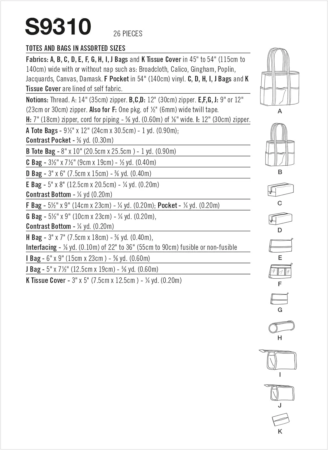 Assorted Cosmetic Tote Bag Packet, Code 9310 Sewing Pattern, One Size, White