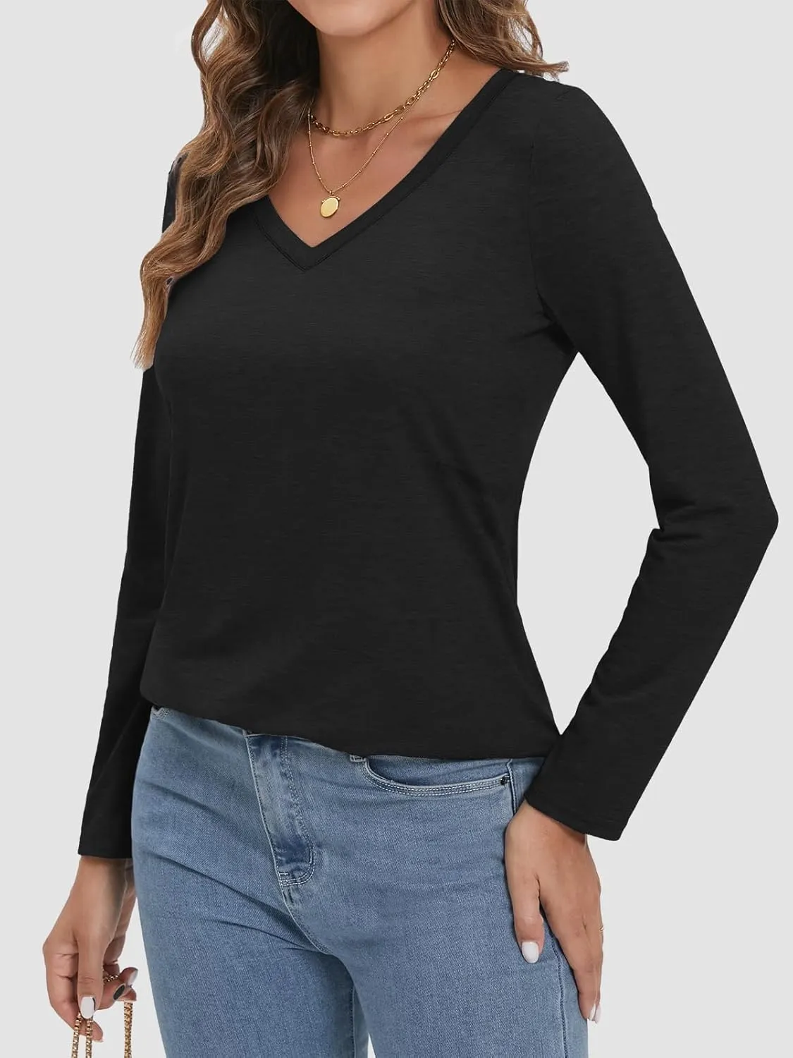 ATHMILE Womens 2025 Fall Long Sleeve Shirts Basic Apparel Shirts Trendy V Neck Tshirt for Women Curved Hem Tops