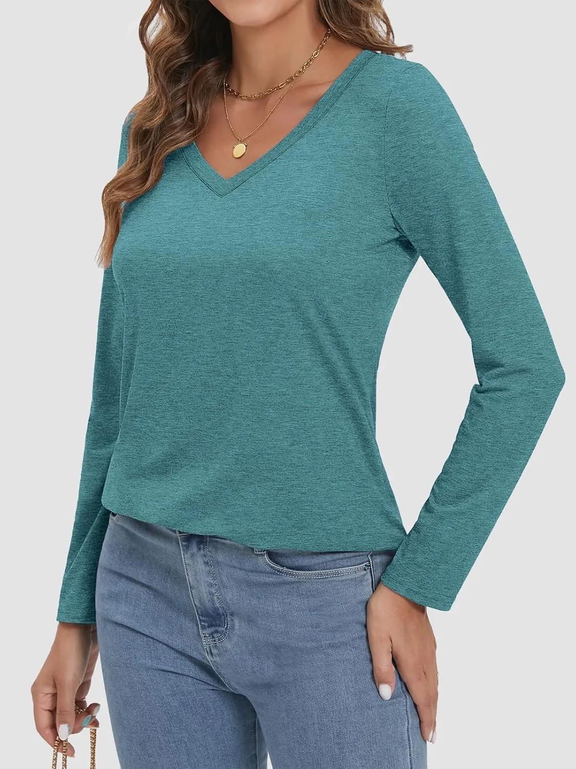 ATHMILE Womens 2025 Fall Long Sleeve Shirts Basic Apparel Shirts Trendy V Neck Tshirt for Women Curved Hem Tops