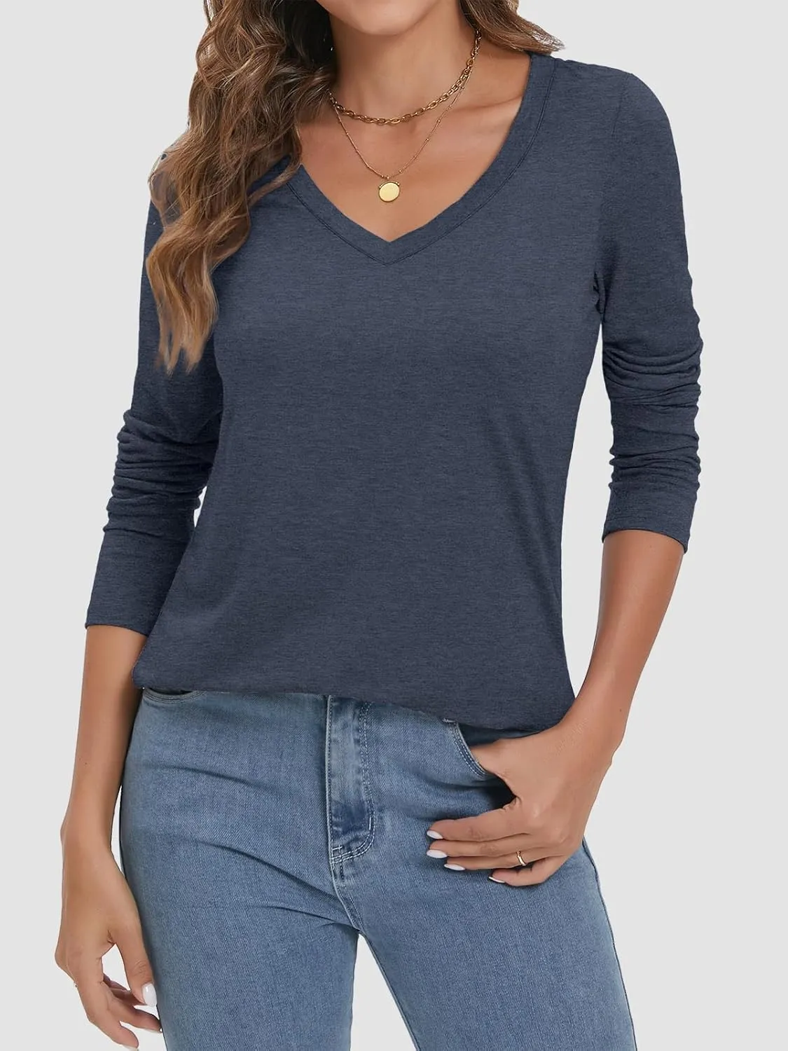 ATHMILE Womens 2025 Fall Long Sleeve Shirts Basic Apparel Shirts Trendy V Neck Tshirt for Women Curved Hem Tops