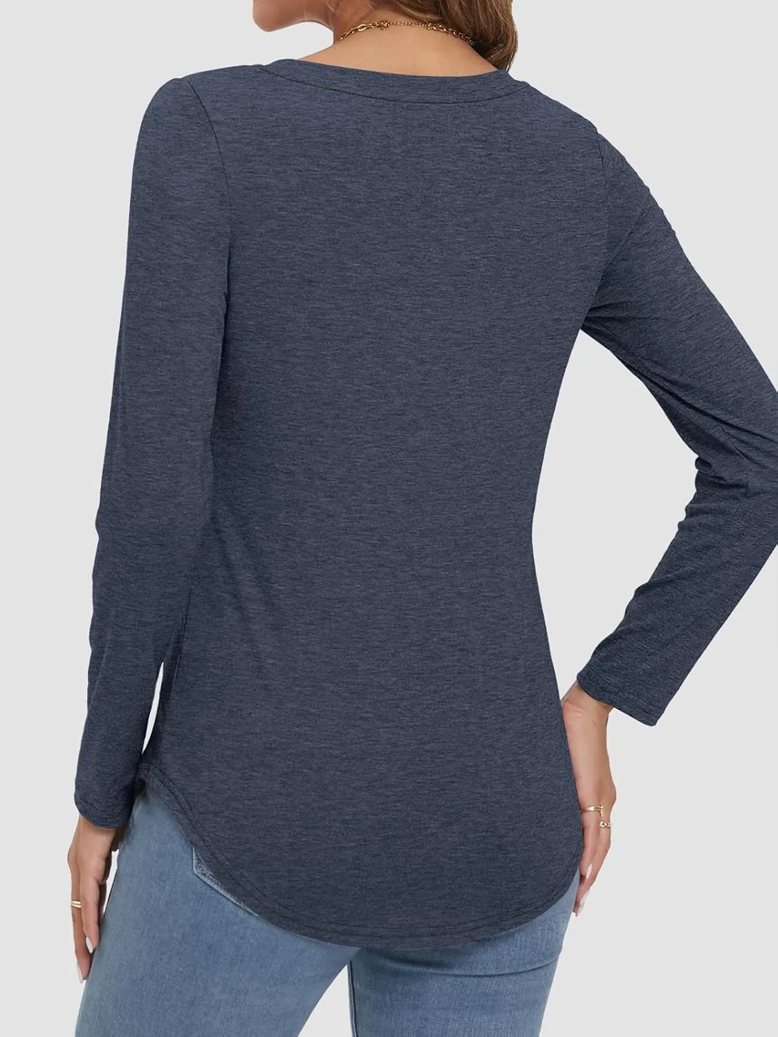 ATHMILE Womens 2025 Fall Long Sleeve Shirts Basic Apparel Shirts Trendy V Neck Tshirt for Women Curved Hem Tops