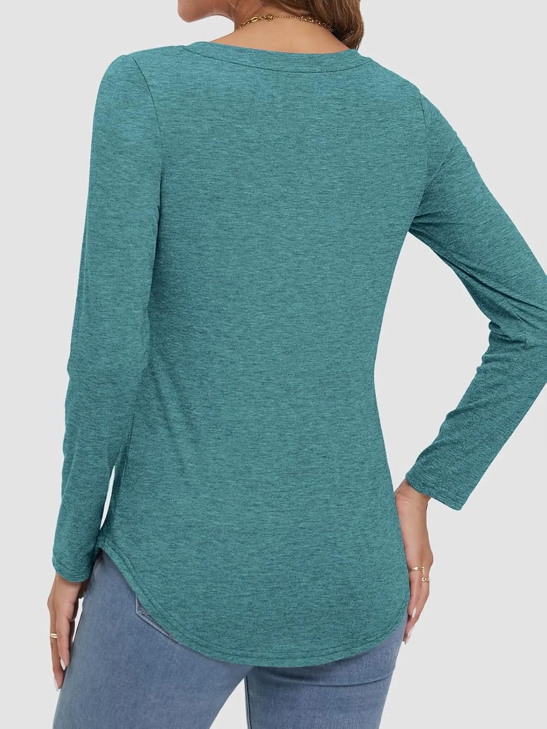 ATHMILE Womens 2025 Fall Long Sleeve Shirts Basic Apparel Shirts Trendy V Neck Tshirt for Women Curved Hem Tops