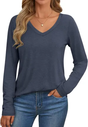 ATHMILE Womens 2025 Fall Long Sleeve Shirts Basic Apparel Shirts Trendy V Neck Tshirt for Women Curved Hem Tops