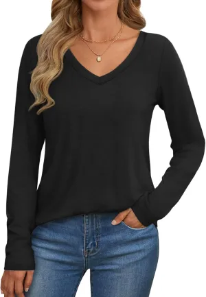 ATHMILE Womens 2025 Fall Long Sleeve Shirts Basic Apparel Shirts Trendy V Neck Tshirt for Women Curved Hem Tops